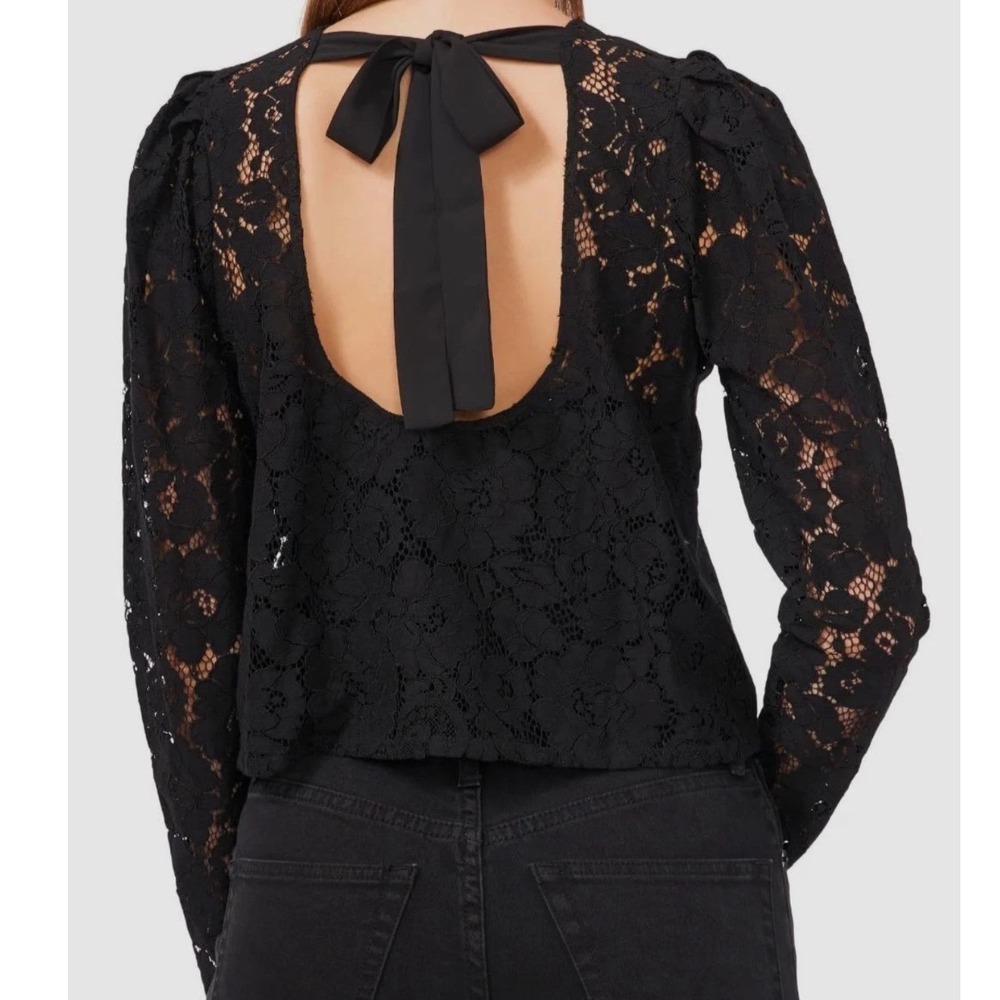 1.STATE Black Floral Lace Open Back Tie Top XS Puff Sleeve Long Sleeve Blouse